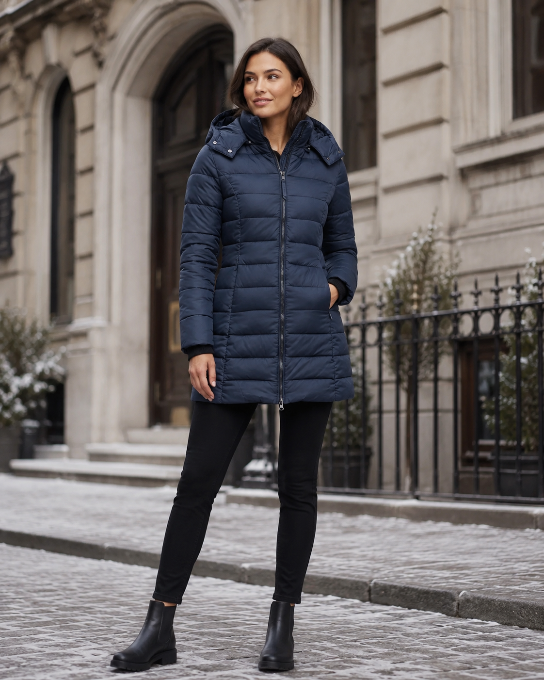 Womens Coat | Black Puffer Jacket with Adjustable Hood | Slim Fit for Warmth and Style 1