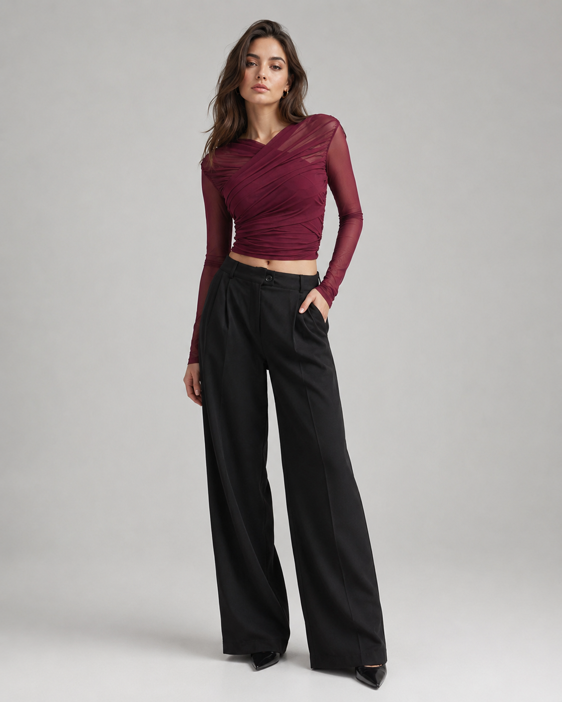 Effortless Allure | Women's Cropped Mesh Top with Sheer Sleeves | Stylish Going Out Top for Chic Evenings 2