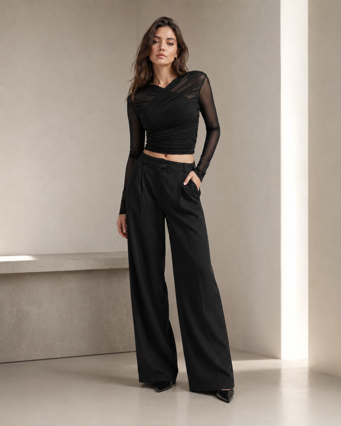 Effortless Allure | Women's Cropped Mesh Top with Sheer Sleeves | Stylish Going Out Top for Chic Evenings 5
