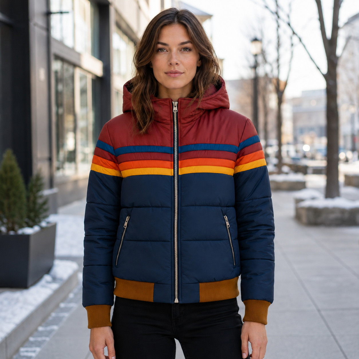 Women's Insulated Hooded Puffer Jacket – Retro Stripe Design, Zip Pockets