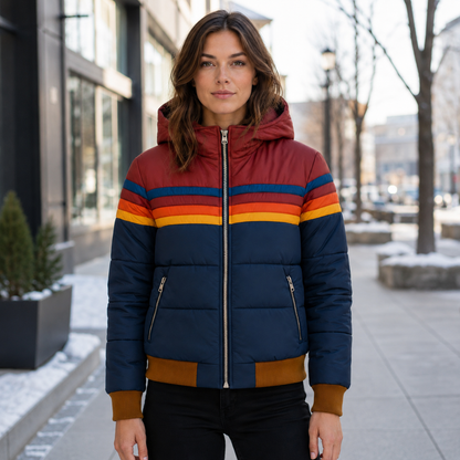 Women's Insulated Hooded Puffer Jacket – Retro Stripe Design, Zip Pockets