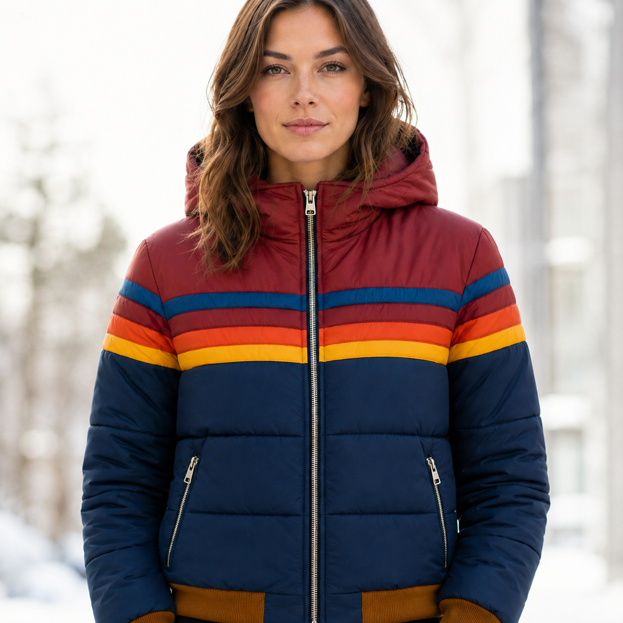 Women's Insulated Hooded Puffer Jacket – Retro Stripe Design, Zip Pockets