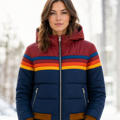 Women's Insulated Hooded Puffer Jacket – Retro Stripe Design, Zip Pockets