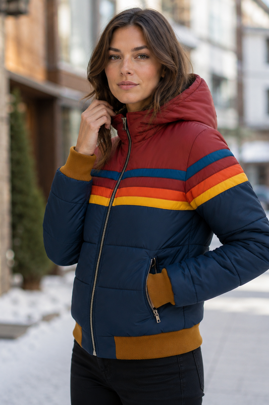 Women's Insulated Hooded Puffer Jacket – Retro Stripe Design, Zip Pockets