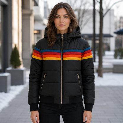 Women's Insulated Hooded Puffer Jacket – Retro Stripe Design, Zip Pockets