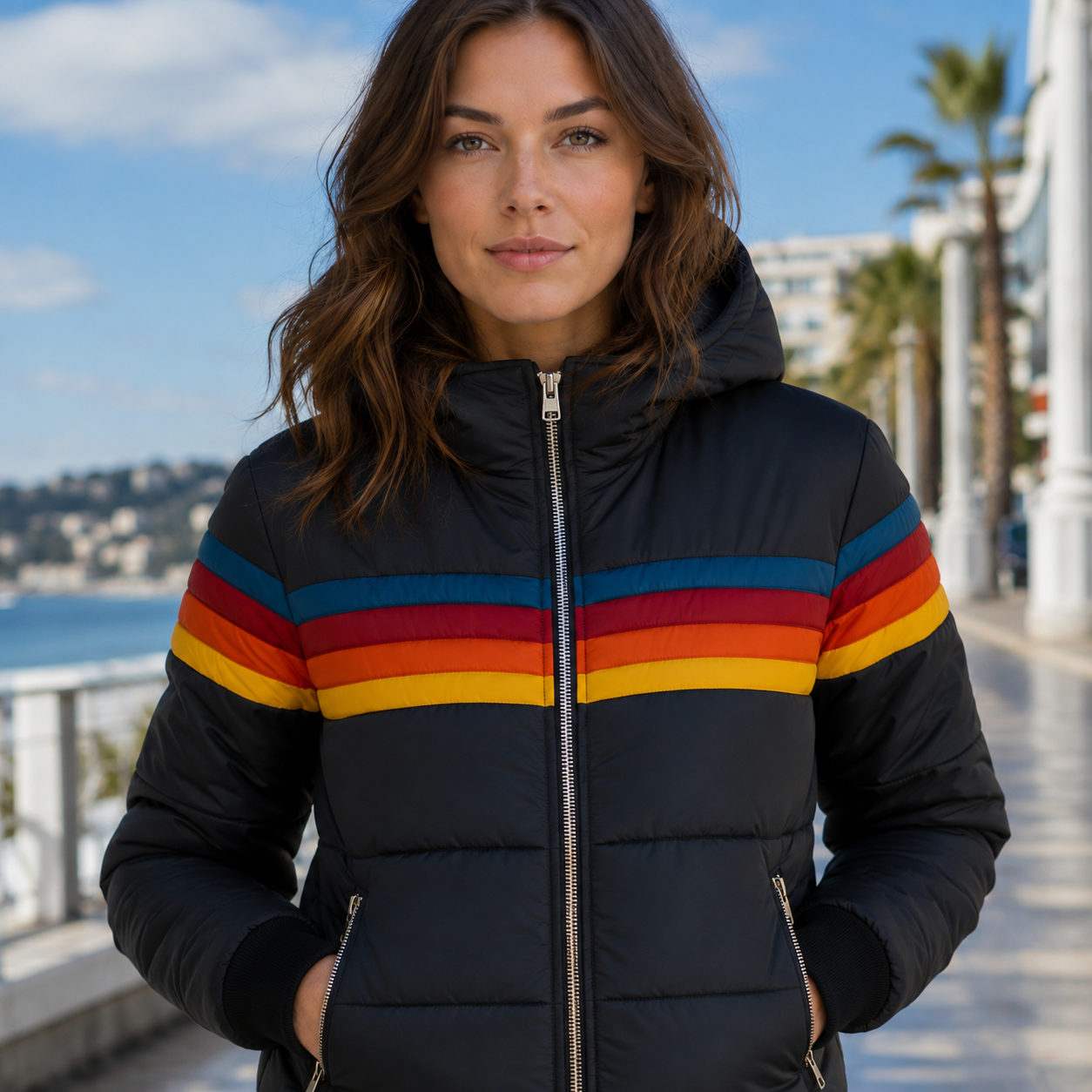 Women's Insulated Hooded Puffer Jacket – Retro Stripe Design, Zip Pockets