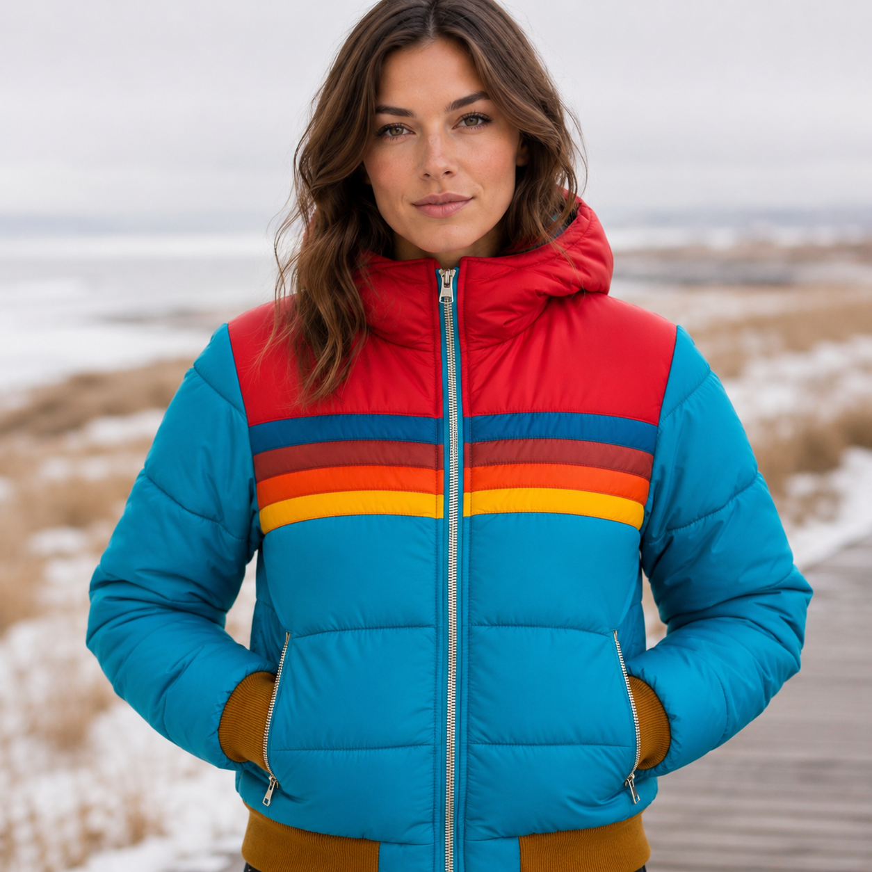 Women's Insulated Hooded Puffer Jacket – Retro Stripe Design, Zip Pockets