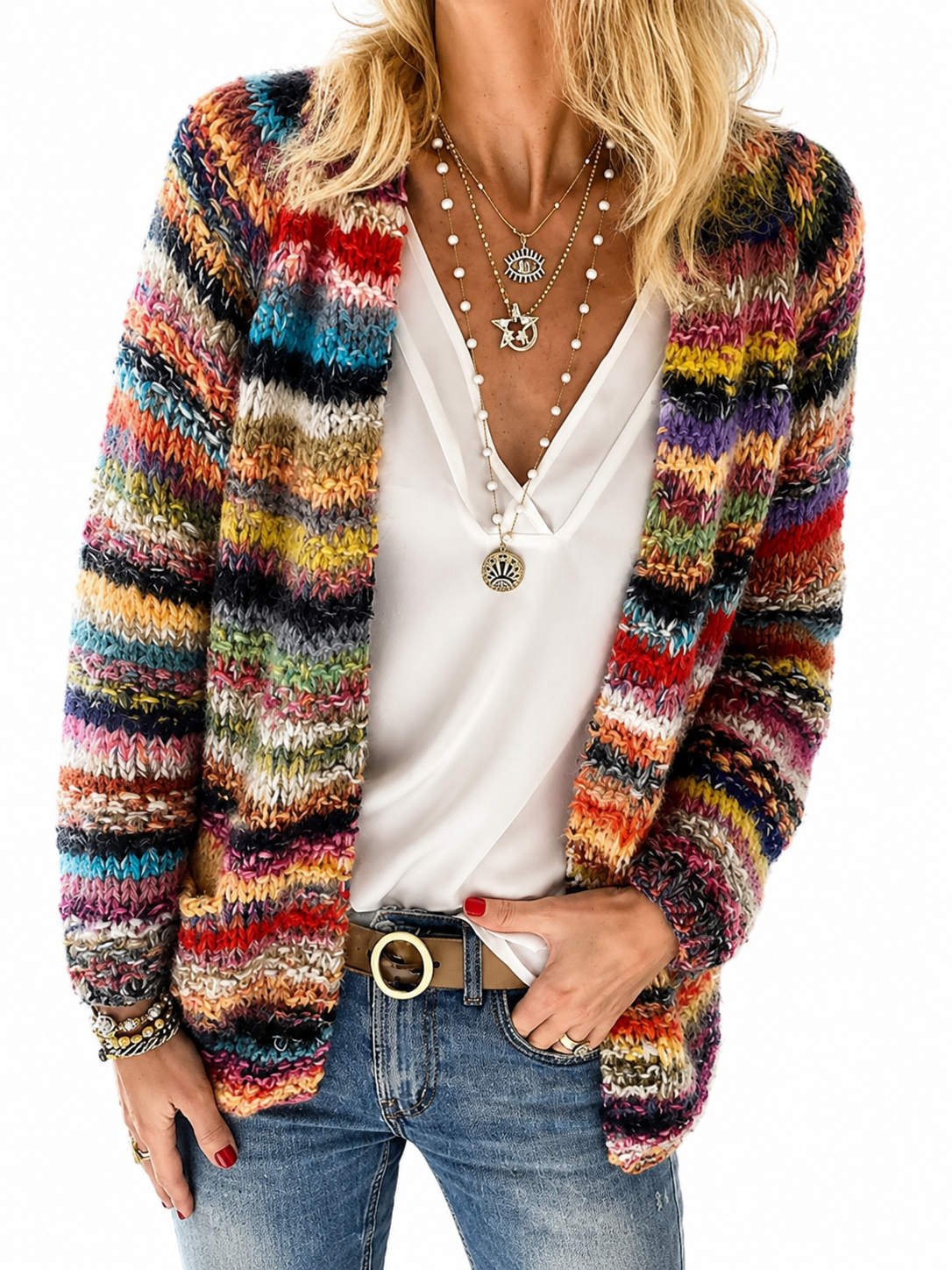 Women's Colorful Striped Knit Cardigan – Open Front, Long Sleeve, Relaxed Fit
