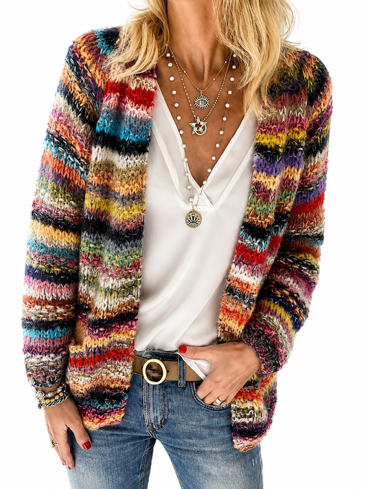 Women's Colorful Striped Knit Cardigan – Open Front, Long Sleeve, Relaxed Fit