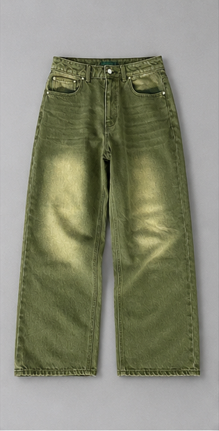 Men's Loose Denim Matcha Jeans – Wide Leg Design with Matcha Green Washed Gradient
