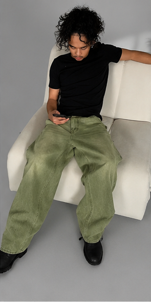 Men's Loose Denim Matcha Jeans – Wide Leg Design with Matcha Green Washed Gradient