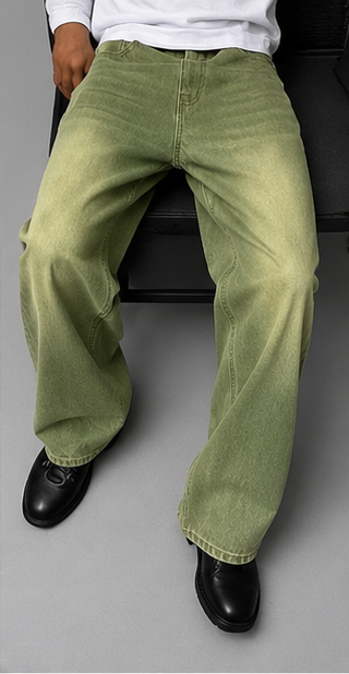 Men's Loose Denim Matcha Jeans – Wide Leg Design with Matcha Green Washed Gradient
