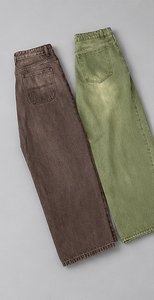 Men's Loose Denim Matcha Jeans – Wide Leg Design with Matcha Green Washed Gradient