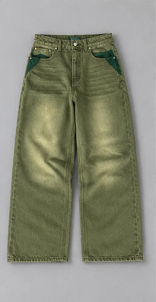 Men's Loose Denim Matcha Jeans – Wide Leg Design with Matcha Green Washed Gradient