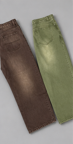 Men's Loose Denim Matcha Jeans – Wide Leg Design with Matcha Green Washed Gradient