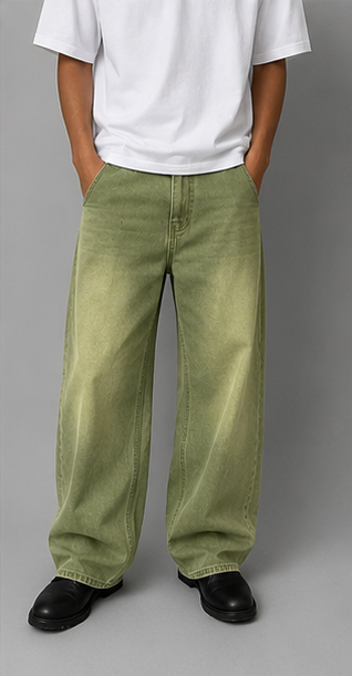 Men's Loose Denim Matcha Jeans – Wide Leg Design with Matcha Green Washed Gradient