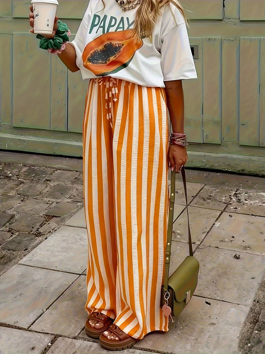 Women's Breathable Linen-Like Wide Leg Trousers | Relaxed Striped Palazzo Pants 0