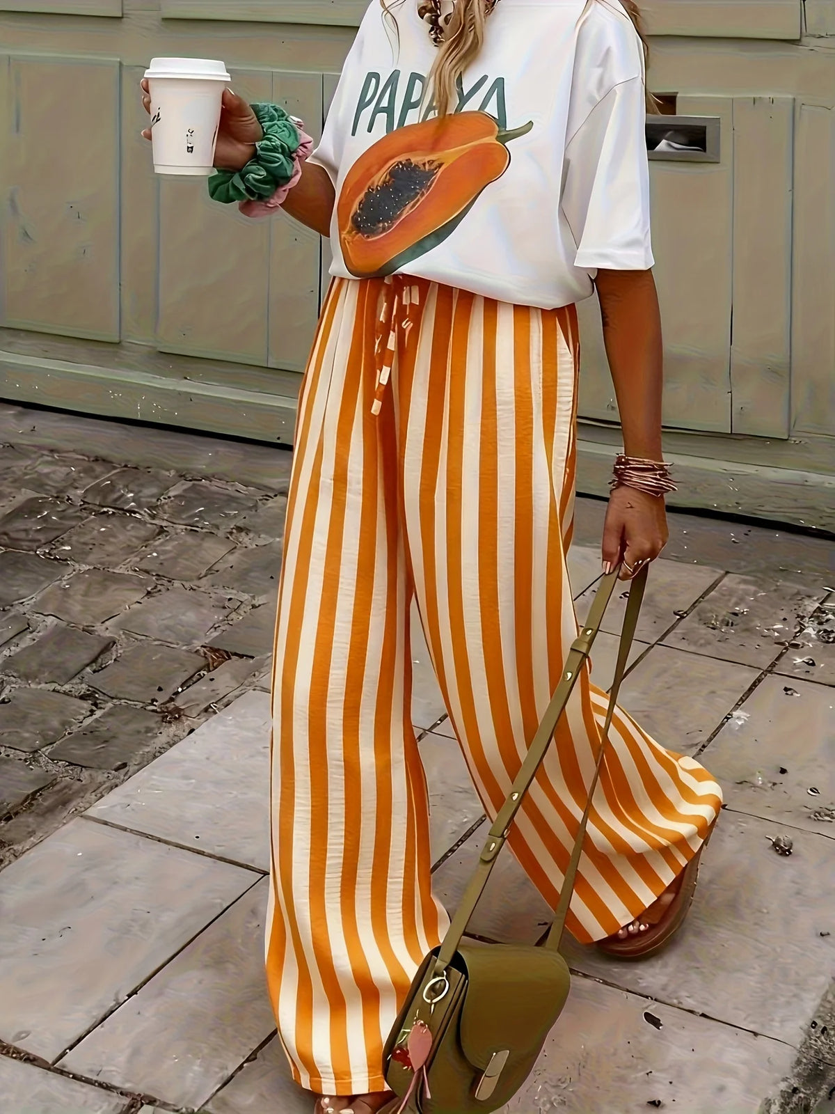 Women's Breathable Linen-Like Wide Leg Trousers | Relaxed Striped Palazzo Pants 2
