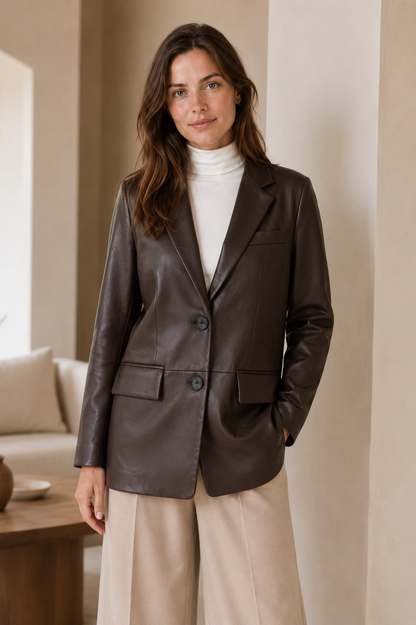 Women's Faux Leather Blazer – Relaxed Silhouette with Button-Front Closure 0