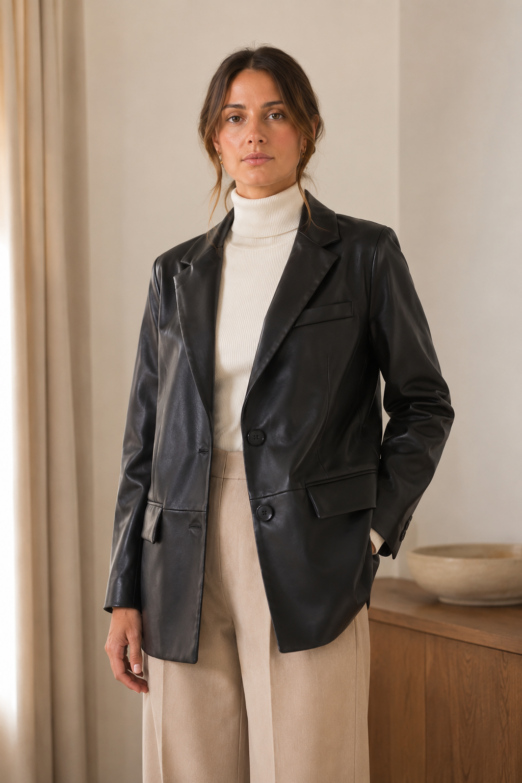Women's Faux Leather Blazer – Relaxed Silhouette with Button-Front Closure 1