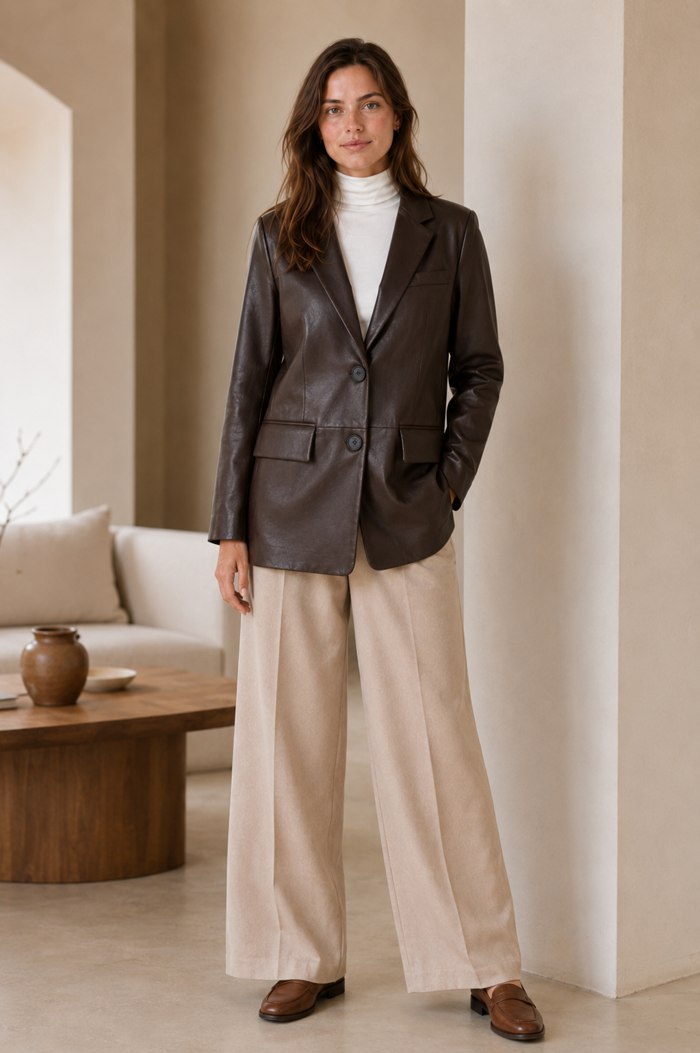 Women's Faux Leather Blazer – Relaxed Silhouette with Button-Front Closure 2