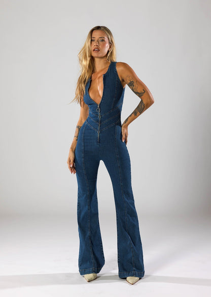 Women's High-Quality Denim Jumpsuit | Stylish Heart-Shaped Silhouette with Deep Plunge Neckline 3
