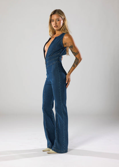 Women's High-Quality Denim Jumpsuit | Stylish Heart-Shaped Silhouette with Deep Plunge Neckline 5
