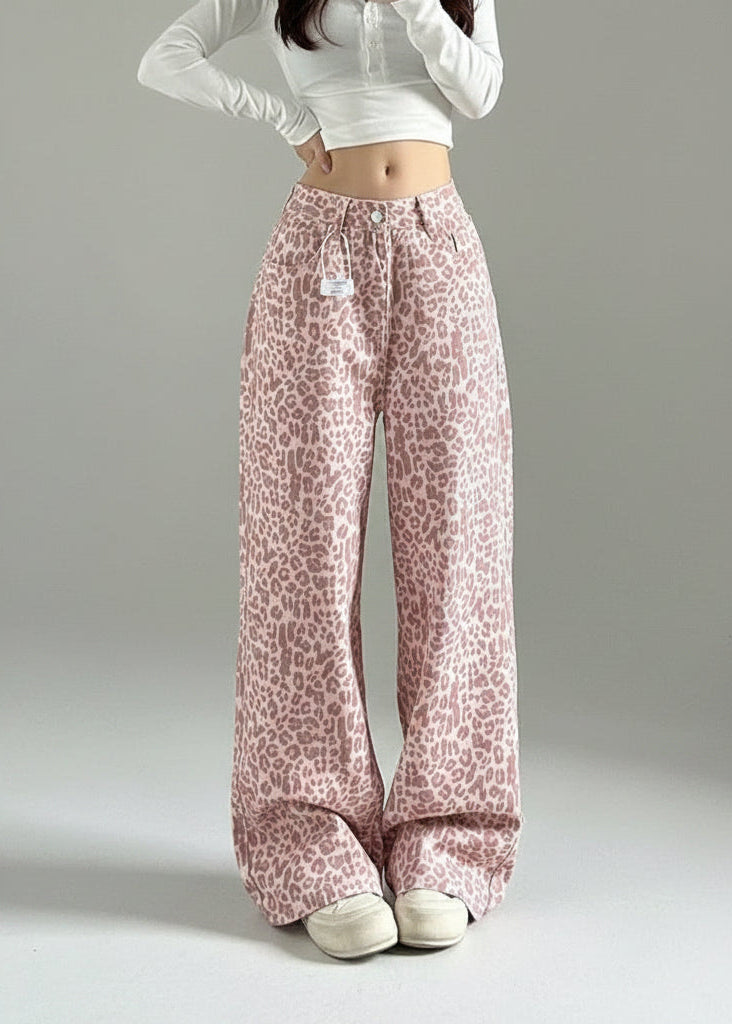 Women's Pink Leopard Print Wide Leg Jeans | Stylish Loose-Fit Trousers , high quality jean , vitanelo  , Women’s pink leopard print wide-leg jeans front view