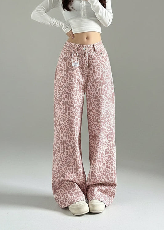 Women's Pink Leopard Print Wide Leg Jeans | Stylish Loose-Fit Trousers , high quality jean , vitanelo  , Women’s pink leopard print wide-leg jeans front view