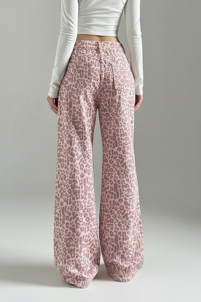 Women's Pink Leopard Print Wide Leg Jeans | Stylish Loose-Fit Trousers , high quality jean , vitanelo 4 Women’s pink wide-leg statement jeans back view