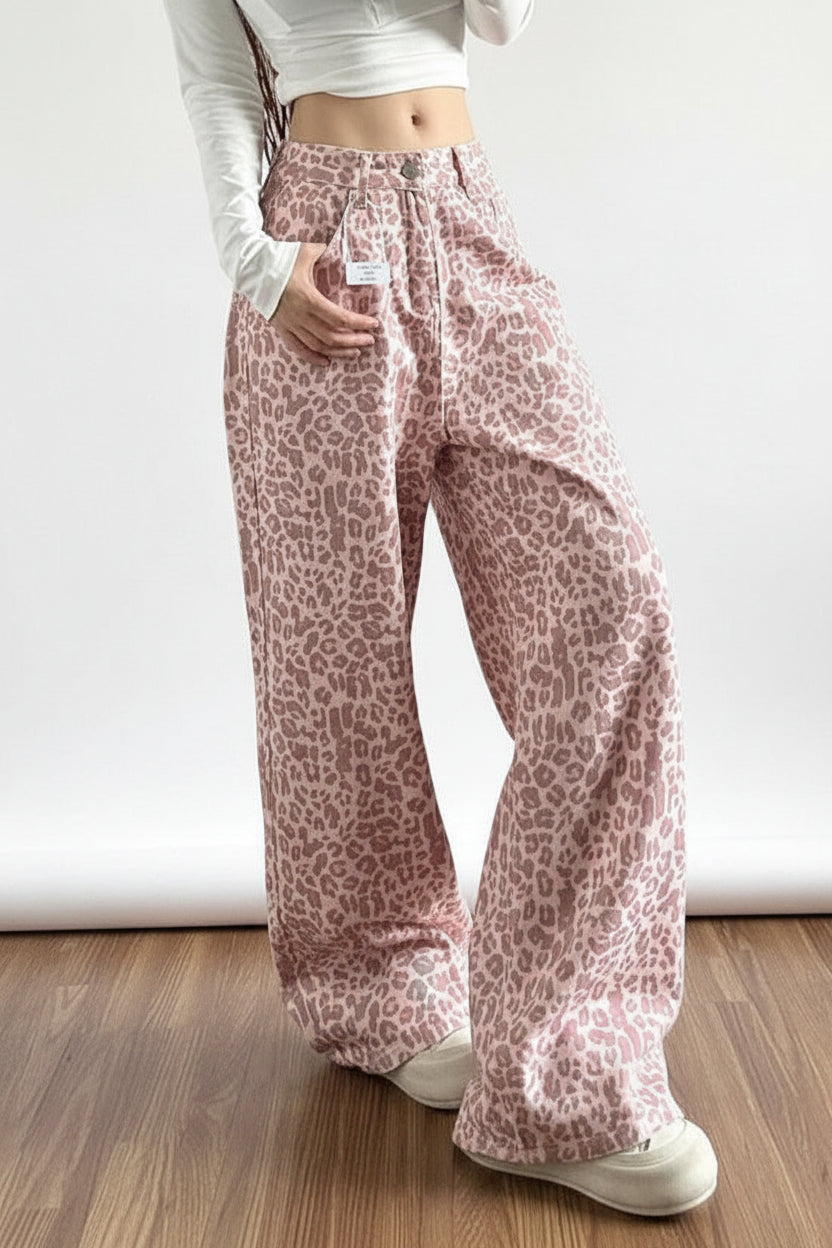 Women's Pink Leopard Print Wide Leg Jeans | Stylish Loose-Fit Trousers , high quality jean , vitanelo