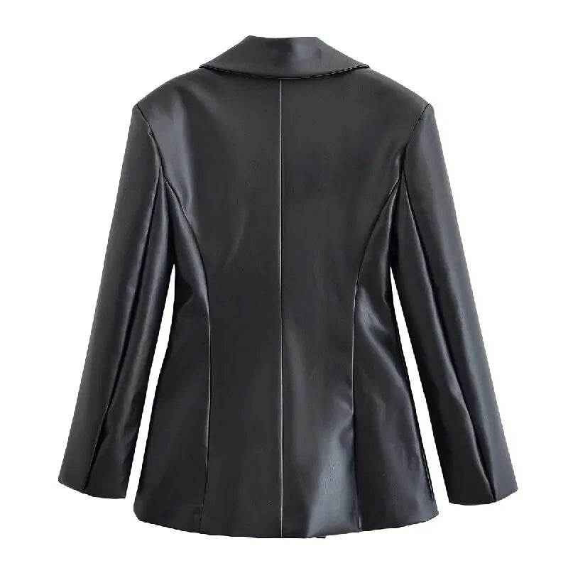 Women's Slim Fit Black Faux Leather Suit Jacket – One Button Closure with Flip Pocket