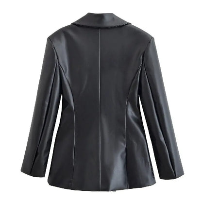 Women's Slim Fit Black Faux Leather Suit Jacket – One Button Closure with Flip Pocket