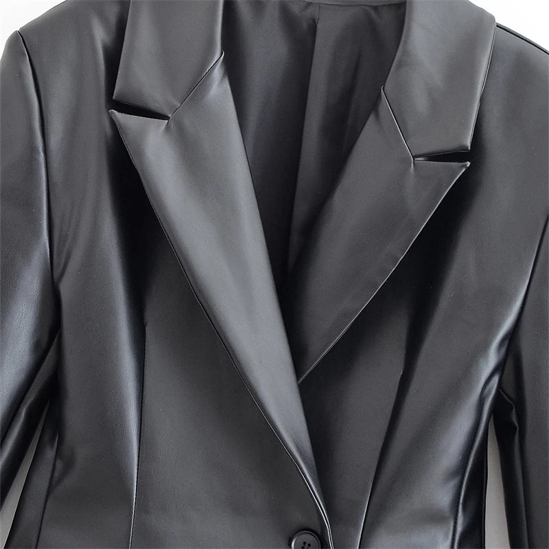 Women's Slim Fit Black Faux Leather Suit Jacket – One Button Closure with Flip Pocket