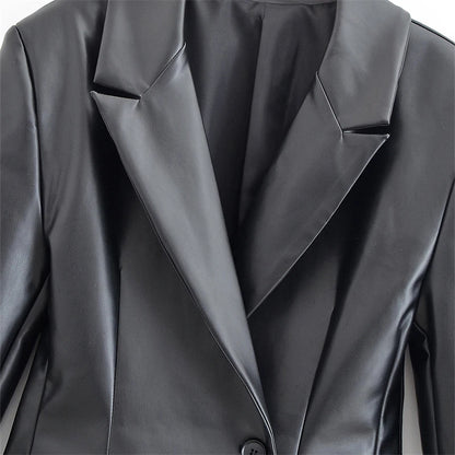 Women's Slim Fit Black Faux Leather Suit Jacket – One Button Closure with Flip Pocket