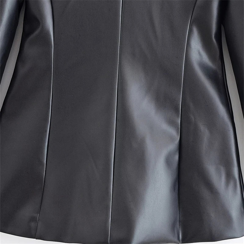 Women's Slim Fit Black Faux Leather Suit Jacket – One Button Closure with Flip Pocket