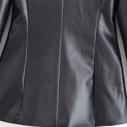 Women's Slim Fit Black Faux Leather Suit Jacket – One Button Closure with Flip Pocket