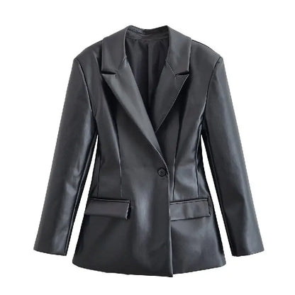 Women's Slim Fit Black Faux Leather Suit Jacket – One Button Closure with Flip Pocket