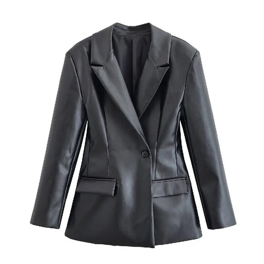 Women's Slim Fit Black Faux Leather Suit Jacket – One Button Closure with Flip Pocket