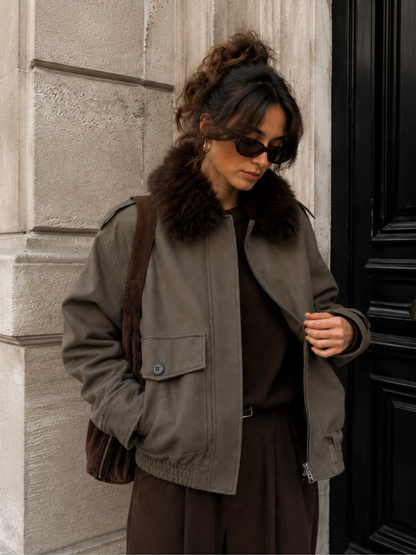 Women's Suede Effect Jacket | Elegant Removable Collar Outerwear | Stylish Winter Coat 2