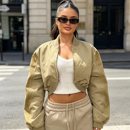 Women's Vintage Cropped Bomber Jacket – Long Sleeve with Zipper Closure