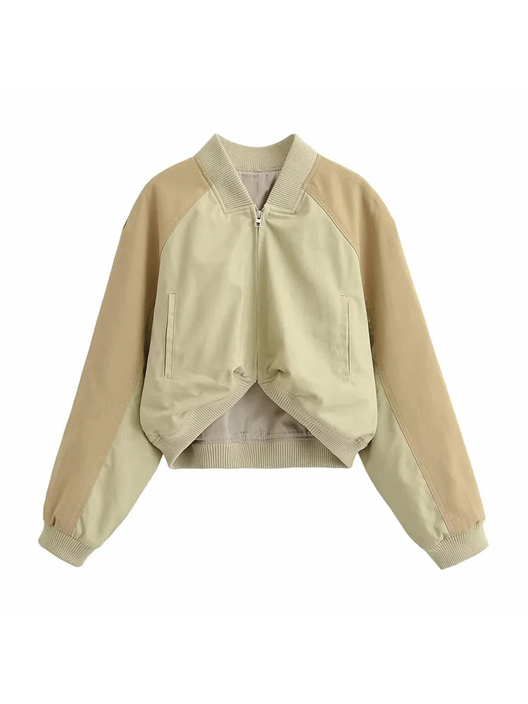 Women's Vintage Cropped Bomber Jacket – Long Sleeve with Zipper Closure