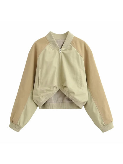 Women's Vintage Cropped Bomber Jacket – Long Sleeve with Zipper Closure