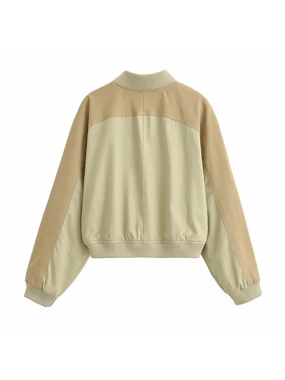 Women's Vintage Cropped Bomber Jacket – Long Sleeve with Zipper Closure