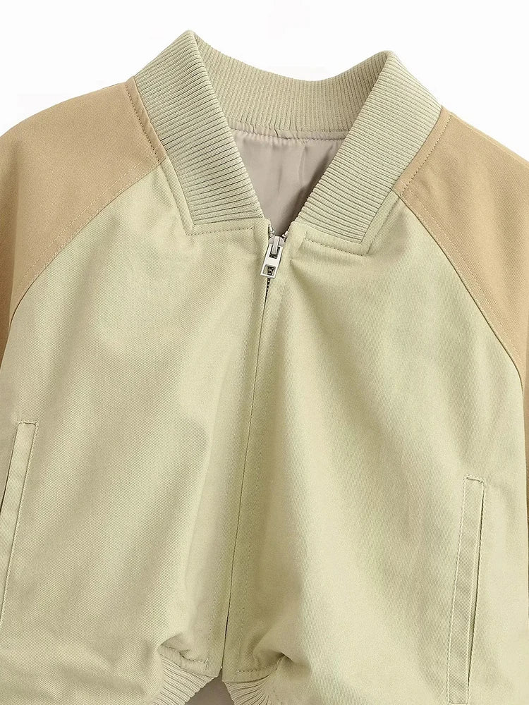 Women's Vintage Cropped Bomber Jacket – Long Sleeve with Zipper Closure