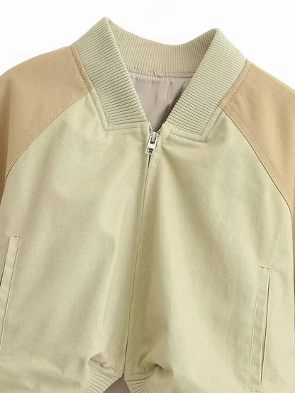 Women's Vintage Cropped Bomber Jacket – Long Sleeve with Zipper Closure
