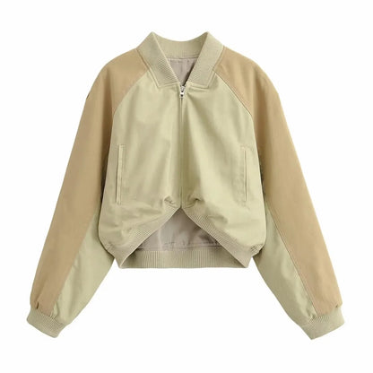 Women's Vintage Cropped Bomber Jacket – Long Sleeve with Zipper Closure
