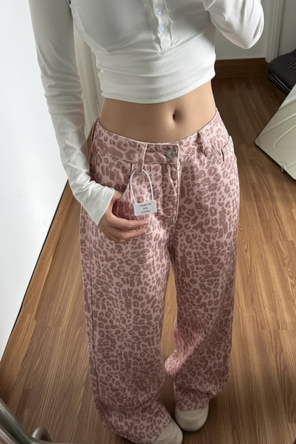 Women's Pink Leopard Print Wide Leg Jeans | Stylish Loose-Fit Trousers , high quality jean , vitanelo Pink leopard print high-waisted jeans full-length view