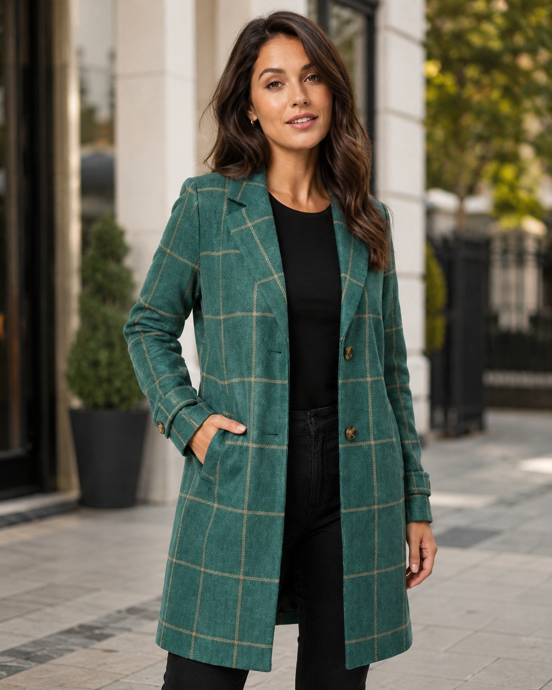 Stylish Checkered Trench Coat with Notched Lapel | Versatile Longline Design for Effortless Elegance 2