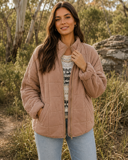 Quilted Jacket | Zip Front Casual Layer with Stand Collar for Stylish Comfort